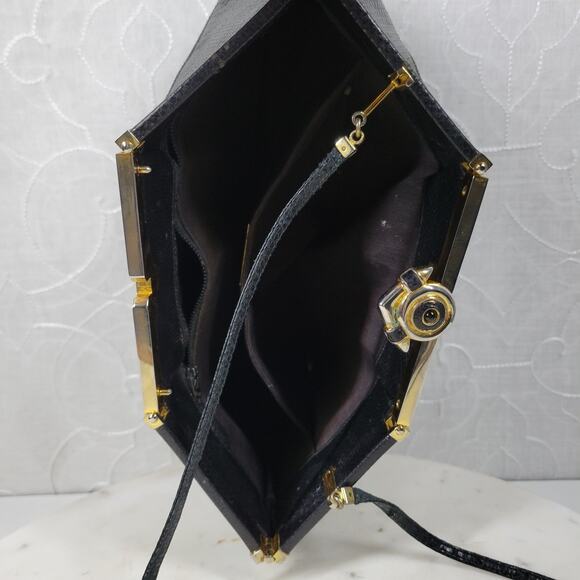 Vintage Judith Lieber Hinged Snakeskin Clutch Black Strap Art Deco Evening Bag - Picture 8 of 16